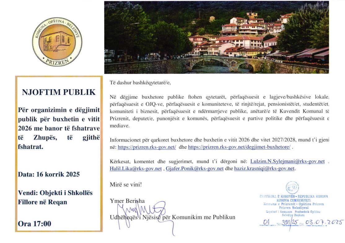 Obavještenje o organizovanju javnog saslušanja o budžetu za 2026. godinu u Rečanu sa meštanima sela regiona Župe