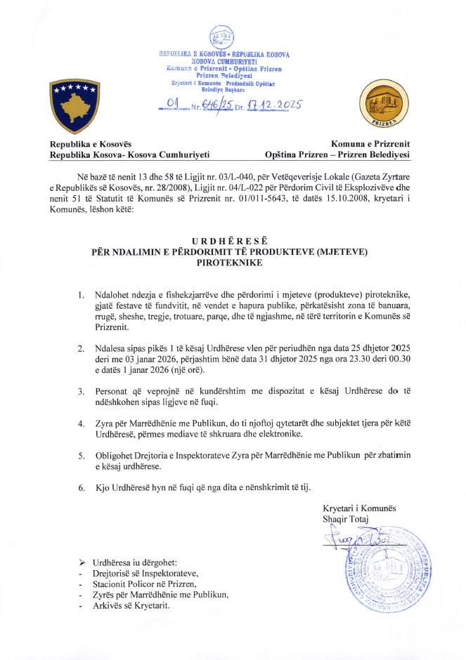 Ndalohen fishekzjarrët gjatë festave të fundvitit në Prizren